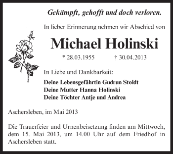 Traueranzeige von Michael Holinski von Super Sonntag Aschersleben