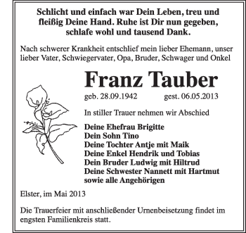 Traueranzeige von Franz Tauber von WVG - Wochenspiegel Wittenberg