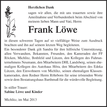 Traueranzeige von Frank Löwe von WVG - Wochenspiegel Merseburg