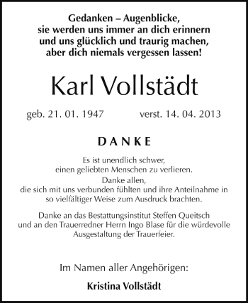 Traueranzeige von Karl Vollstädt von Super Sonntag Dessau / Köthen