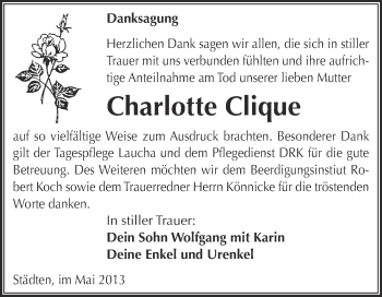 Traueranzeige von Charlotte Clique von WVG - Wochenspiegel NMB / WSF / ZTZ