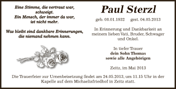 Traueranzeige von Paul Sterzl von Super Sonntag Zeitz