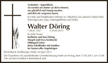 Traueranzeige von Walter Döring von Super Sonntag SGH Mansf. Land