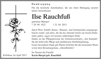 Traueranzeige von Ilse Rauchfuß von WVG - Wochenspiegel Merseburg