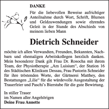 Traueranzeige von Dietrich Schneider von Super Sonntag Dessau / Köthen