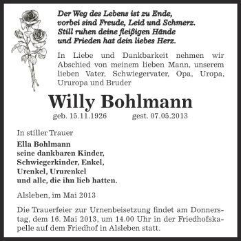 Traueranzeige von Willy Bohlmann von Super Sonntag SGH Mansf. Land