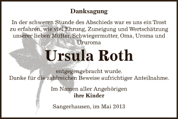 Traueranzeige von Ursula Roth von Super Sonntag SGH Mansf. Land