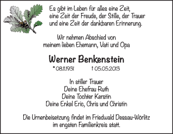 Traueranzeige von Werner Benkenstein von Super Sonntag Wittenberg