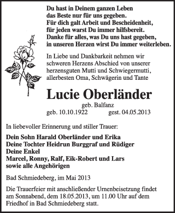 Traueranzeige von Lucie Oberländer von WVG - Wochenspiegel Wittenberg