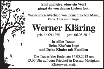 Traueranzeige von Werner Kläring von Super Sonntag Dessau / Köthen