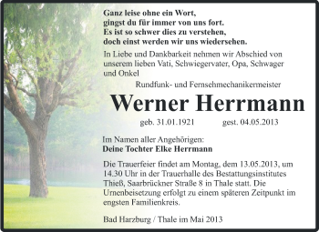 Traueranzeige von Werner Herrmann von Super Sonntag Quedlinburg