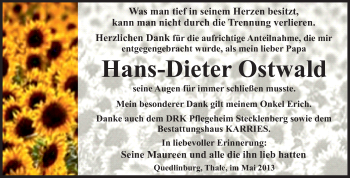 Traueranzeige von Hans-Dieter Ostwald von WVG - Wochenspiegel Quedlinburg