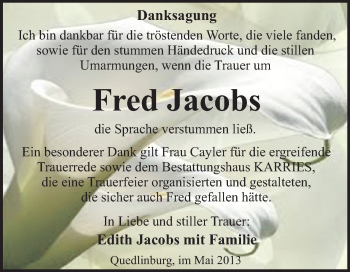 Traueranzeige von Fred Jacobs von WVG - Wochenspiegel Quedlinburg