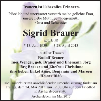 Traueranzeige von Sigrid Brauer von WVG - Wochenspiegel Quedlinburg