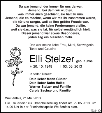 Traueranzeige von Elli Stelzer von WVG - Wochenspiegel NMB / WSF / ZTZ