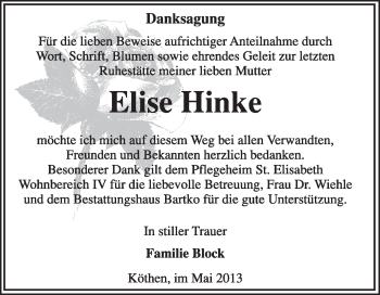 Traueranzeige von Elise Hinke von Super Sonntag Dessau / Köthen