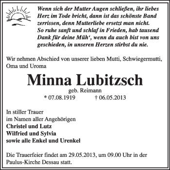 Traueranzeige von Minna Lubitzsch von Super Sonntag Dessau / Köthen