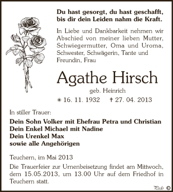 Traueranzeige von Agathe Hirsch von Super Sonntag Zeitz