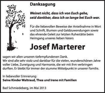 Traueranzeige von Josef Marterer von WVG - Wochenspiegel Wittenberg