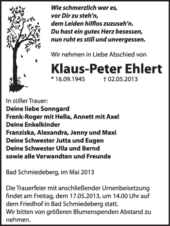 Traueranzeige von Klaus-Peter Ehlert von WVG - Wochenspiegel Wittenberg