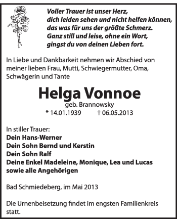 Traueranzeige von Helga Vonnoe von WVG - Wochenspiegel Wittenberg