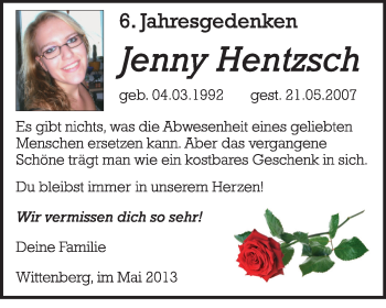 Traueranzeige von Jenny Hentzsch von Super Sonntag Wittenberg