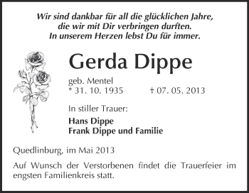 Traueranzeige von Gerda Dippe von WVG - Wochenspiegel Quedlinburg