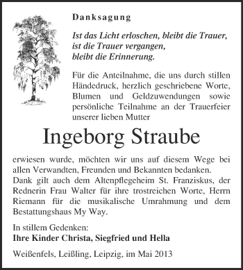 Traueranzeige von Ingeborg Straube von Super Sonntag Merseburg
