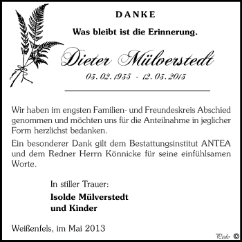 Traueranzeige von Dieter Mülverstedt von WVG - Wochenspiegel NMB / WSF / ZTZ