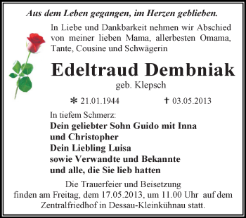 Traueranzeige von Edeltraud Dembniak von WVG - Wochenspiegel Dessau / Köthen