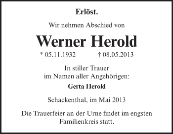 Traueranzeige von Werner Herold von WVG - Wochenspiegel Aschersleben
