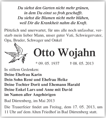 Traueranzeige von Otto Wojahn von Super Sonntag Merseburg