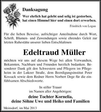 Traueranzeige von Edeltraud Müller von Super Sonntag Dessau / Köthen