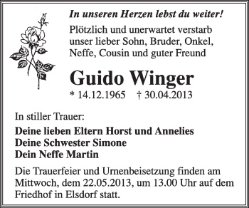 Traueranzeige von Guido Winger von Super Sonntag Dessau / Köthen