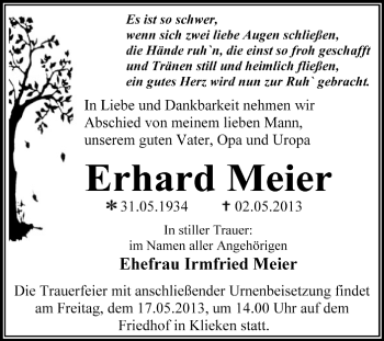 Traueranzeige von Erhard Meier von Super Sonntag Dessau / Köthen