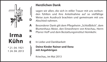 Traueranzeige von Irma Kühn von WVG - Wochenspiegel NMB / WSF / ZTZ