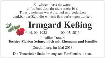 Traueranzeige von Irmgard Keßing von Super Sonntag Quedlinburg