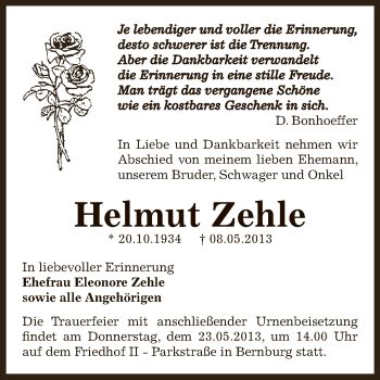 Traueranzeige von Helmut Zehle von Super Sonntag Bernburg