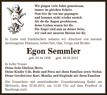 Traueranzeige von Egon Semmler von Super Sonntag Bernburg