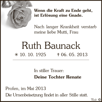 Traueranzeige von Ruth Baunack von Super Sonntag Zeitz