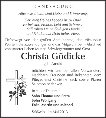 Traueranzeige von Christa Gödicke von Super Sonntag Merseburg