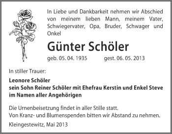Traueranzeige von Günter Schöler von WVG - Wochenspiegel NMB / WSF / ZTZ