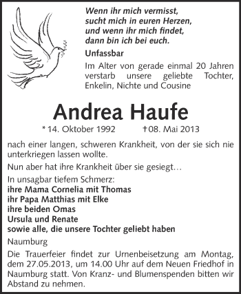 Traueranzeige von Andrea Haufe von WVG - Wochenspiegel NMB / WSF / ZTZ
