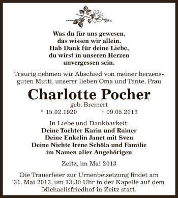 Traueranzeige von Charlotte Pocher von Super Sonntag Zeitz