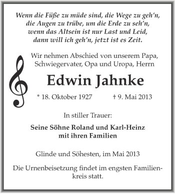 Traueranzeige von Edwin Jahnke von WVG - Wochenspiegel NMB / WSF / ZTZ