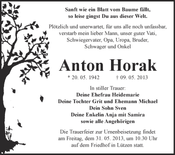 Traueranzeige von Anton Horak von Super Sonntag Merseburg