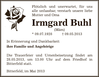 Traueranzeige von Irmgard Buhl von WVG - Wochenspiegel Bitterfeld