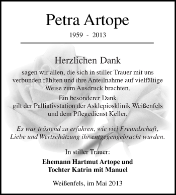 Traueranzeige von Petra Artope von WVG - Wochenspiegel NMB / WSF / ZTZ