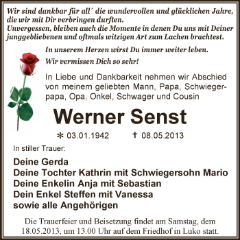Traueranzeige von Werner Senst von WVG - Wochenspiegel Dessau / Köthen