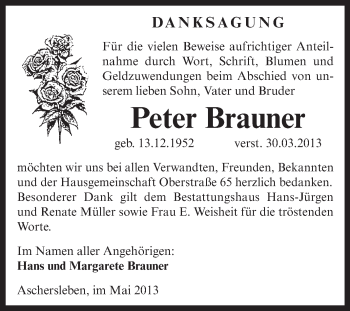 Traueranzeige von Peter Brauner von Super Sonntag Aschersleben